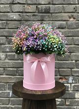 Цветочная композиция из Гипсофила и Розы в шляпной коробке в городе Мыски