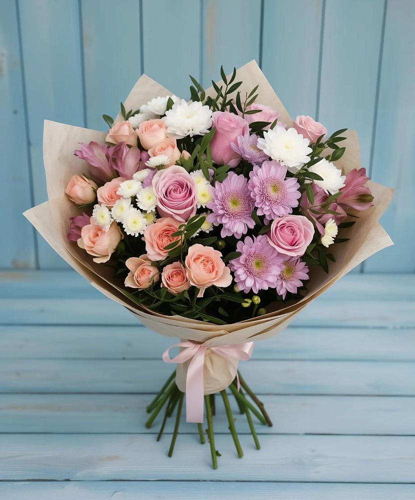 Букет цветов из: Хризантемы, Розы и Альстромерии в городе Мыски