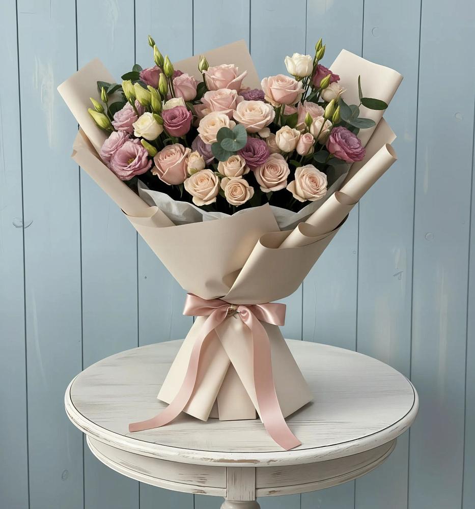 Букет цветов из: Розы и Лизиантусы в городе Мыски