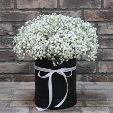 Цветочная композиция из Гипсофила в шляпной коробке в городе Мыски
