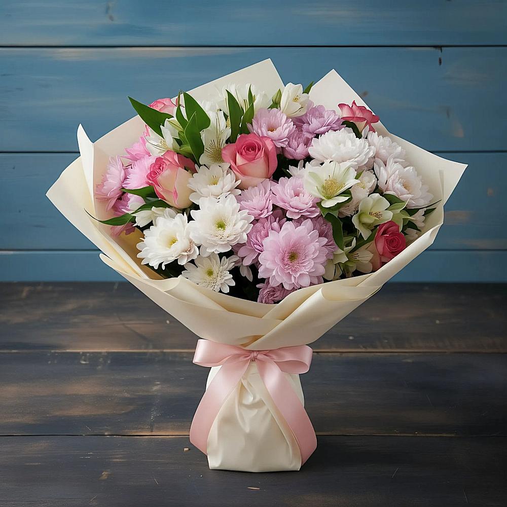 Букет цветов из: Хризантемы, Альстромерии и Розы в городе Мыски